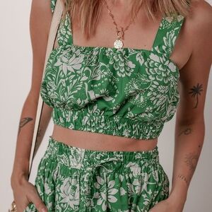 Green Floral Crop Top and Skirt Set